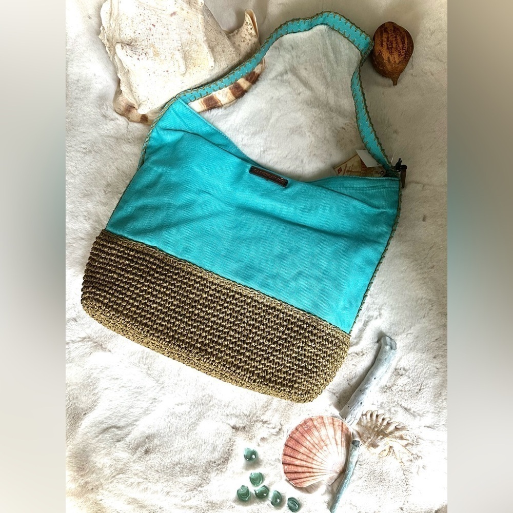 CARIBBEAN JOE Turquoise Canvas Shoulder Bag with Knitted Jute Bottom